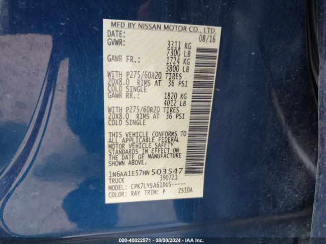 1N6AA1E57HN503547 Nissan Titan Platinum Reserve
