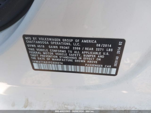 1VWAT7A31FC020274 Volkswagen Passat 1.8t Wolfsburg Edition