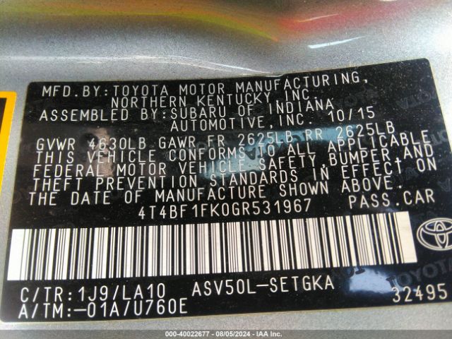 4T4BF1FK0GR531967 Toyota CAMRY XLE