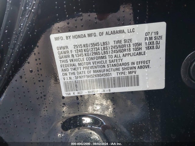 Honda Pilot Ex-l 2019 5FNYF5H52KB045931 Image 9