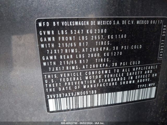 3VV3B7AX9JM005189 Volkswagen Tiguan 2.0t Se/2.0t Sel
