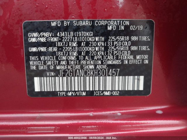 JF2GTANC8KH301457 Subaru Crosstrek 2.0i Limited