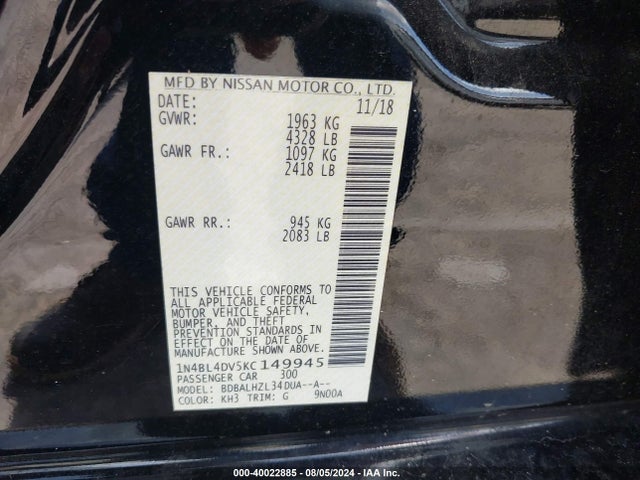 Nissan Altima 2.5 Sv 2019 1N4BL4DV5KC149945 Image 9