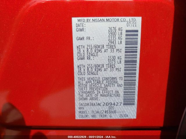 5N1DR3BA5NC209427 Nissan Pathfinder Sv 2wd