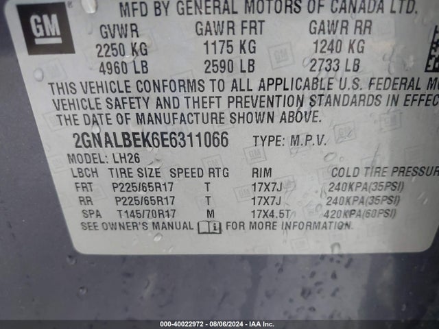Chevrolet EQUINOX 1LT 2014 2GNALBEK6E6311066 Image 9