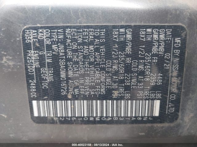 JN8AT3BA0MW016726 Nissan Rogue Sv Fwd
