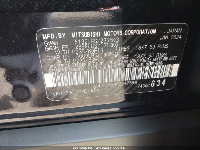 JA4J4UA84RZ047586 Mitsubishi Outlander Es 2.5 S-awc