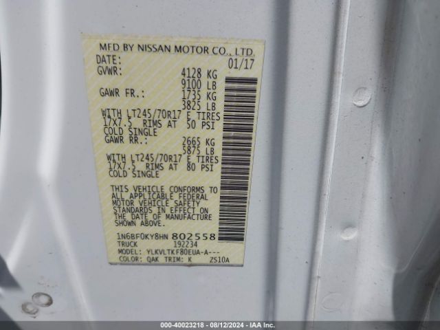 1N6BF0KY8HN802558 Nissan Nv Cargo Nv2500 Hd Sv V6