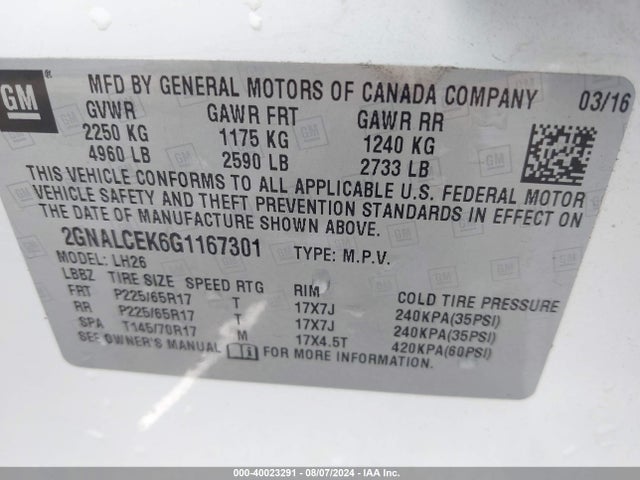 Chevrolet EQUINOX LT 2016 2GNALCEK6G1167301 Image 9