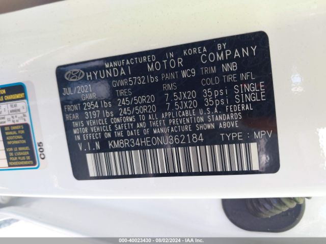 KM8R34HE0NU362184 Hyundai Palisade Sel