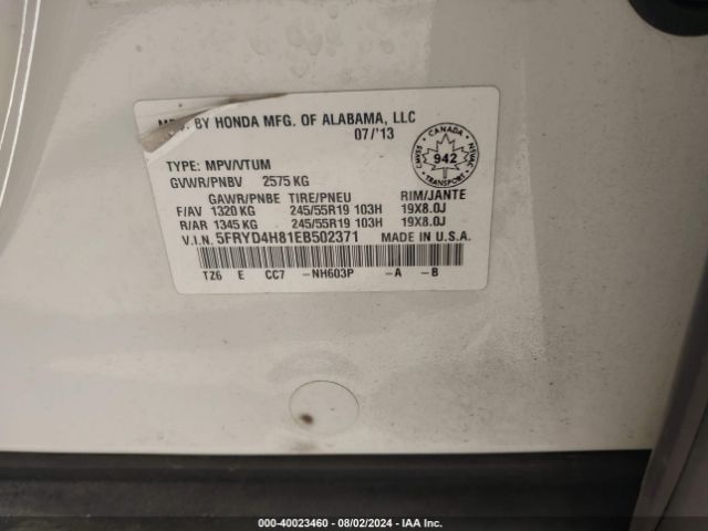 5FRYD4H81EB502371 Acura Mdx Advance Pkg W/entertainment Pkg