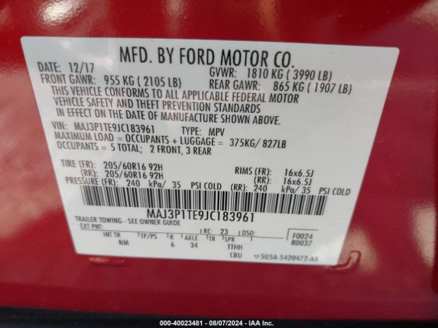 MAJ3P1TE9JC183961 Ford Ecosport Se