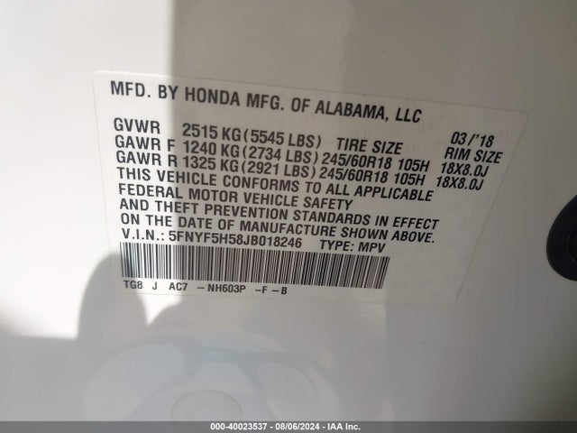 Honda Pilot Ex-l 2018 5FNYF5H58JB018246 Image 9