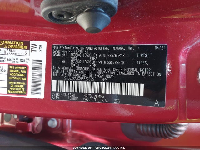 Toyota Highlander Xle 2021 5TDGZRAHXMS527995 Image 9
