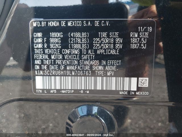 3CZRU6H19LM706763 Honda Hr-v Awd Sport