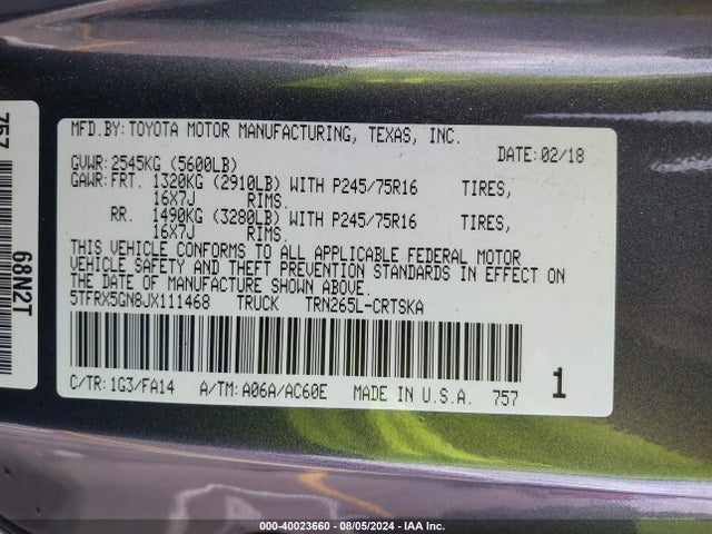 Toyota Tacoma Sr 2018 5TFRX5GN8JX111468 Image 9