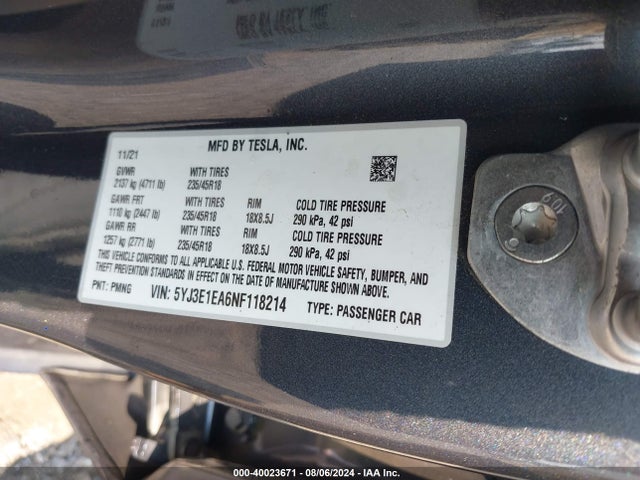 2022 TESLA MODEL 3 5YJ3E1EA6NF118214 Photo 8
