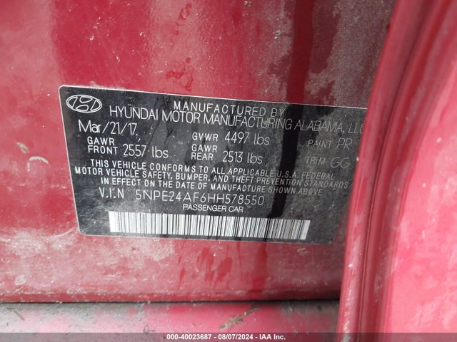 Hyundai Sonata 2017 5NPE24AF6HH578550 Image 9