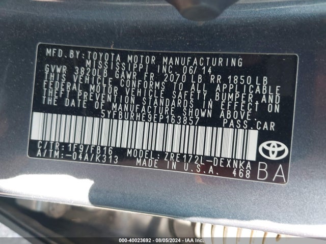 Toyota COROLLA LE 2014 5YFBURHE9EP163857 Image 9
