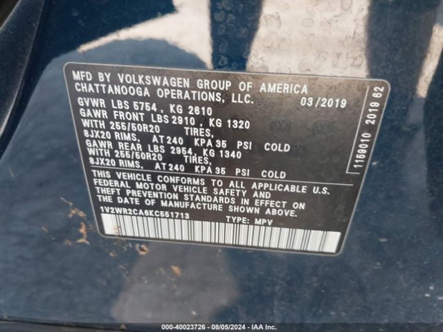 1V2WR2CA6KC551713 Volkswagen Atlas 3.6l V6 Se W/technology
