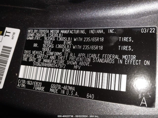 Toyota Highlander Xle 2022 5TDGZRAH8NS547972 Image 9