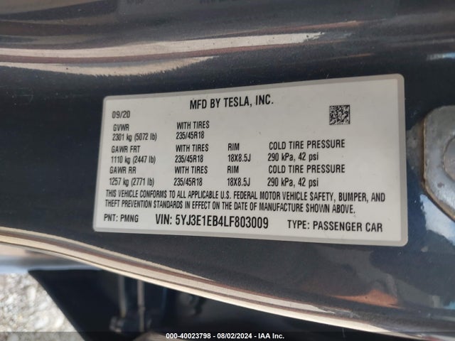 2020 TESLA MODEL 3 5YJ3E1EB4LF803009 Photo 8