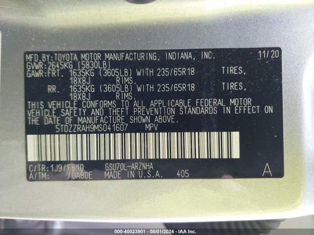 Toyota Highlander Le 2021 5TDZZRAH9MS041607 Image 9