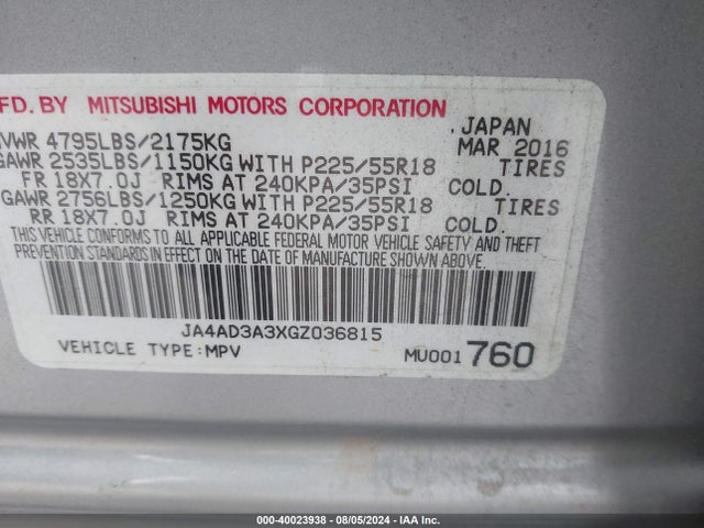 JA4AD3A3XGZ036815 Mitsubishi Outlander Se/sel