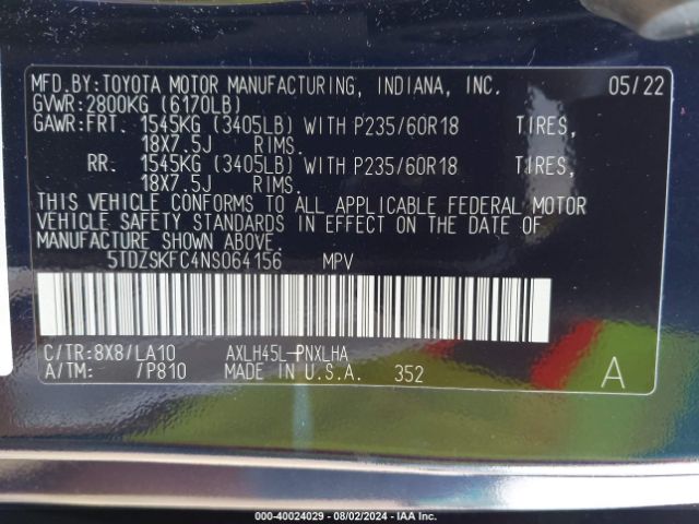 5TDZSKFC4NS064156 Toyota Sienna Limited