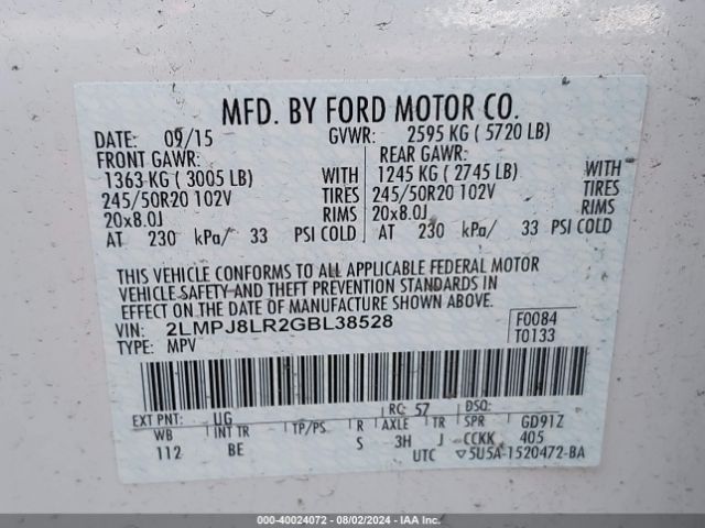 2LMPJ8LR2GBL38528 Lincoln Mkx Reserve