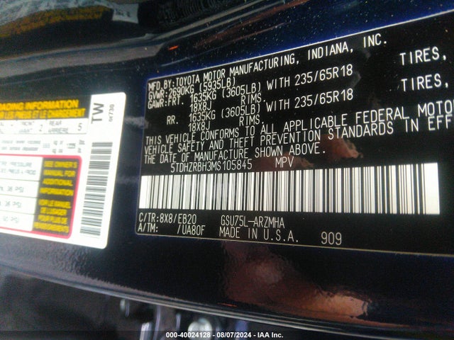 Toyota Highlander Xle 2021 5TDHZRBH3MS105845 Image 9