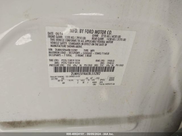 2LMHJ5FK6EBL55282 Lincoln MKT
