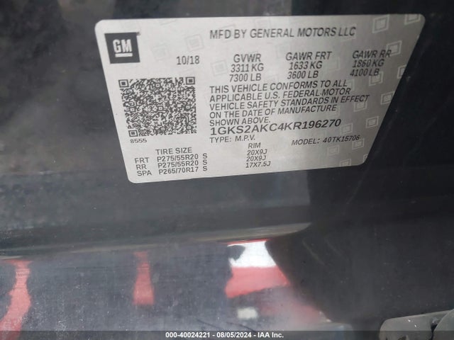 1GKS2AKC4KR196270 GMC YUKON SLE