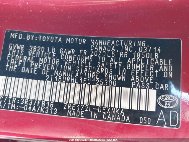 Toyota COROLLA LE 2014 2T1BURHE1EC125300 Image 9
