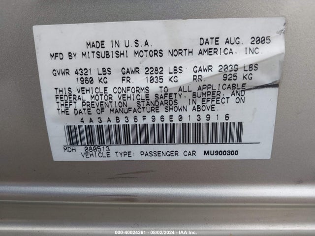2006 MITSUBISHI GALANT 4A3AB36F96E013916 Photo 8