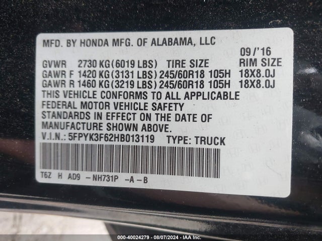 Honda Ridgeline Rtl-t 2017 5FPYK3F62HB013119 Image 9