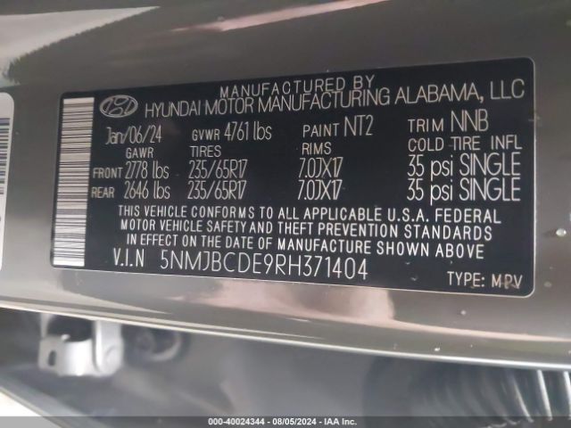 5NMJBCDE9RH371404 Hyundai TUCSON SEL