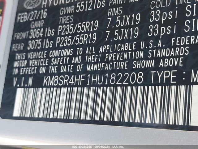 KM8SR4HF1HU182208 Hyundai Santa Fe Se Ultimate