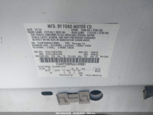 1FAHP2D89GG149881 Ford TAURUS SE