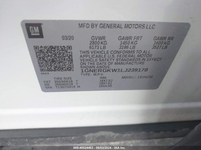 1GNERGKW1LJ239178 Chevrolet Traverse Fwd Lt Cloth