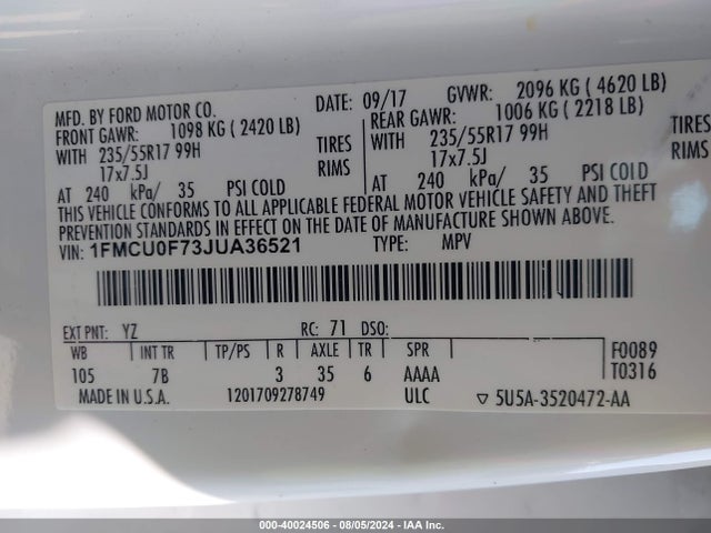 Ford ESCAPE S 2018 1FMCU0F73JUA36521 Image 9
