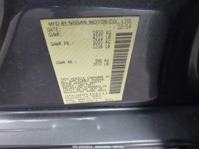 Nissan Altima 2.5 S 2015 1N4AL3AP0FN354711 Image 9