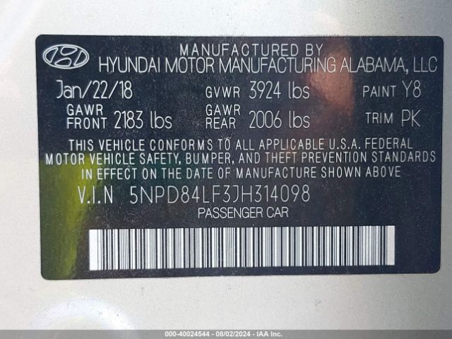 5NPD84LF3JH314098 Hyundai ELANTRA SEL
