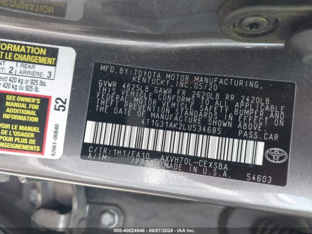 4T1G31AK2LU534685 Toyota Camry Se Hybrid