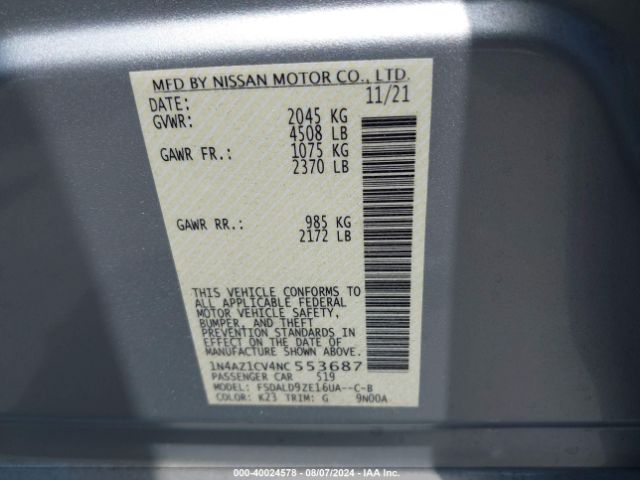 1N4AZ1CV4NC553687 Nissan Leaf Sv 40 Kwh