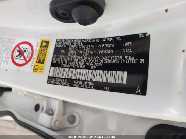 Toyota Highlander Xle V6 2016 5TDKKRFH9GS144898 Image 9