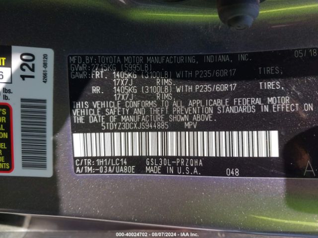 5TDYZ3DCXJS944885 Toyota Sienna Xle Premium 8 Passenger