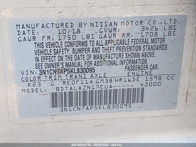 Nissan Versa 1.6 S+ 2019 3N1CN7AP5KL830095 Image 9