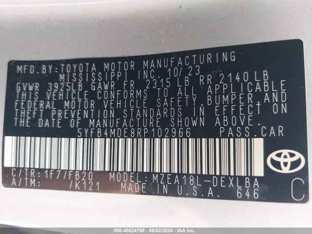 Toyota COROLLA LE 2024 5YFB4MDE8RP102966 Image 9