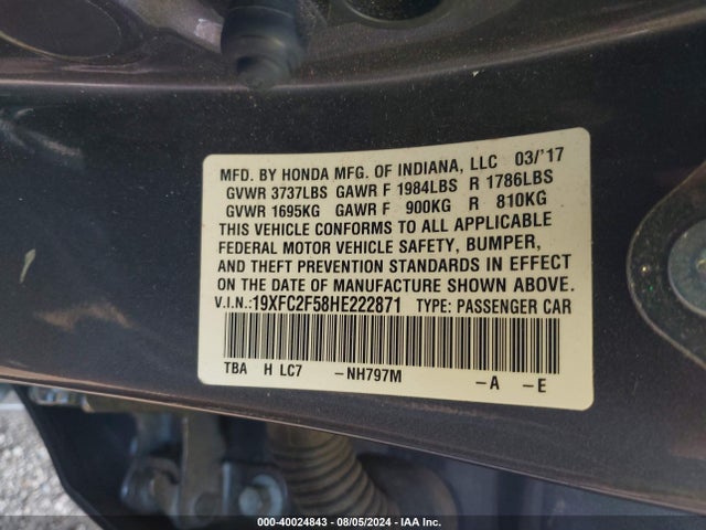 Honda Civic Lx 2017 19XFC2F58HE222871 Image 9